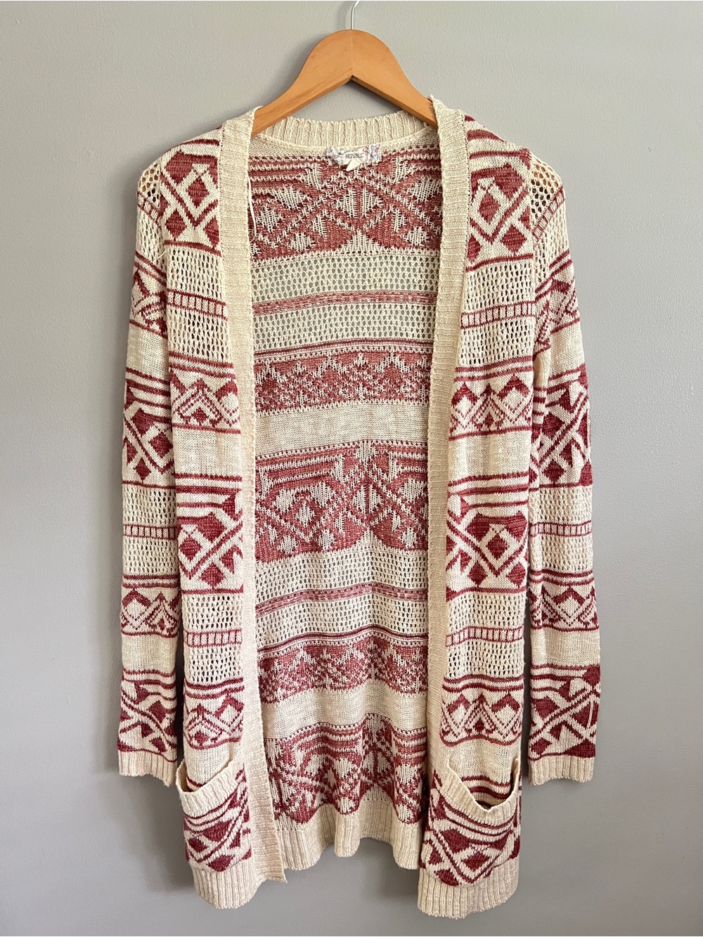 Very Soft Pink Republic Cream and Burgundy Open-Front Patterned Cardigan